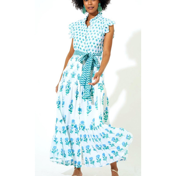 Oliphant Dresses & Skirts - OLIPHANT Ruffle Collar Button Maxi Dress Blue White Block Print Tuckernuck M
